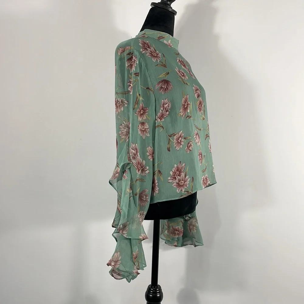 Floral Teal & Pink Sheer top,mock neck, long ruffle sleeve, flowy, XS - Picture 5 of 12